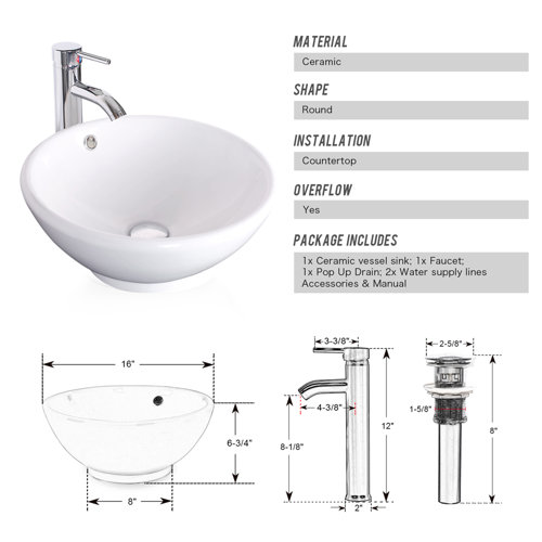 ECLIFE 16'' White Ceramic Circular Vessel Bathroom Sink with Faucet and